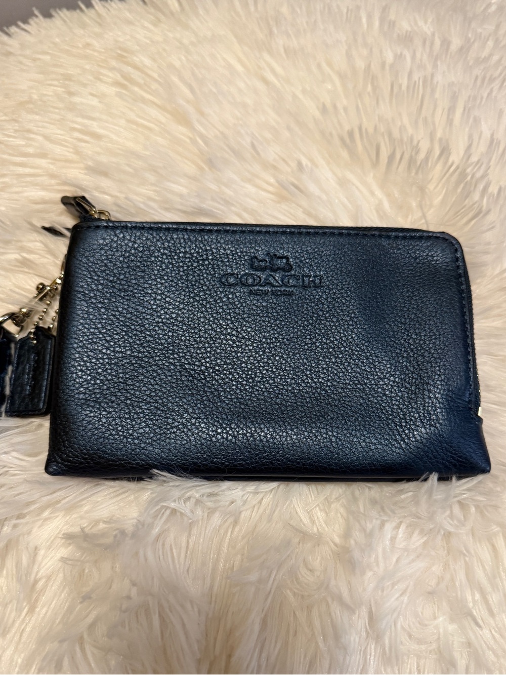 Coach Navy Blue Pebbled Leather Zip Wristlet with Tassel